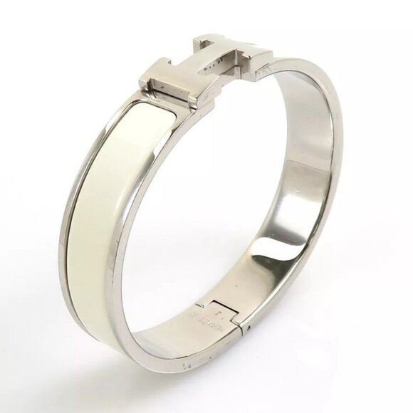 Auth HERMES Clic Clac H Bangle Bracelet Silver/Off White Metal/Enamel - Picture 5 of 16